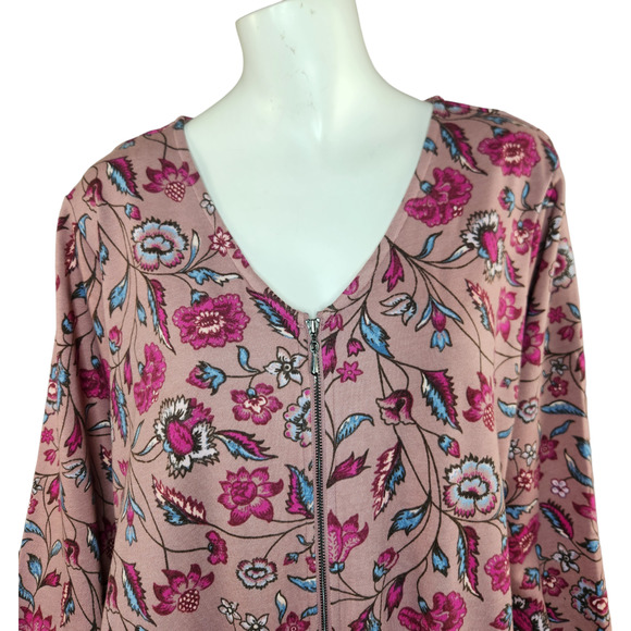 The Muses Lounge French Terry Zip-Front Full Zip Jacket Mauve Floral X-Large - Picture 3 of 16